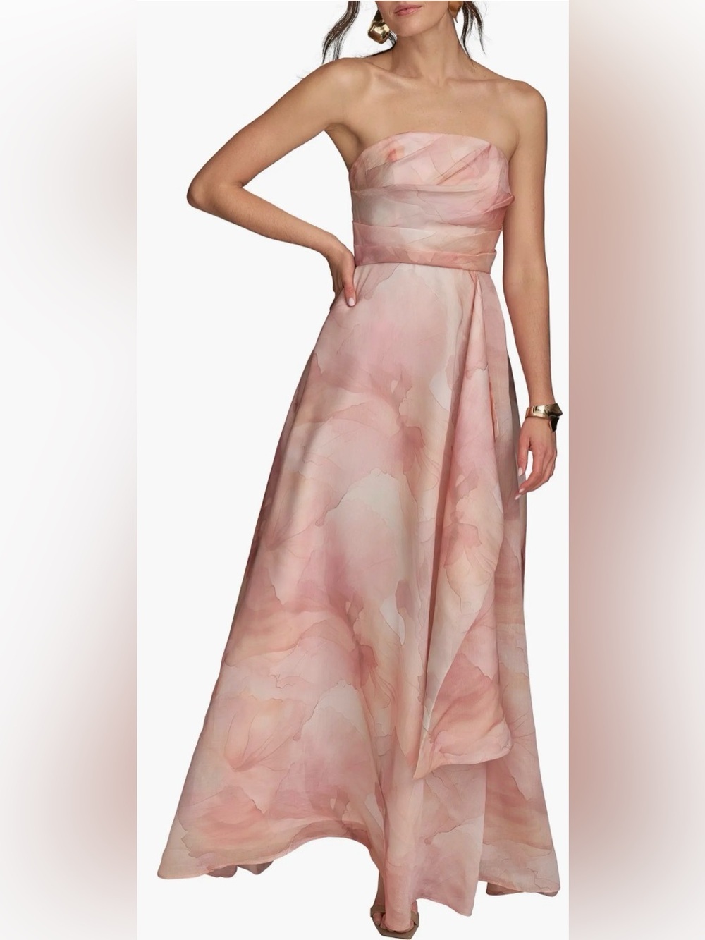 NEW Donna Karan New York Apricot multi Abstract Floral Strapless Gown Sz 14